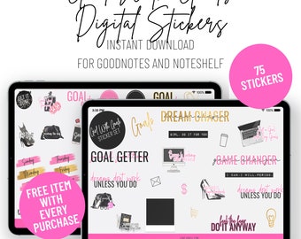 Pegatinas del planificador digital Objetivos de niña ~ Goodnotes prerecortadas y pegatinas del planificador digital PNG - 75 pegatinas motivacionales del planificador digital