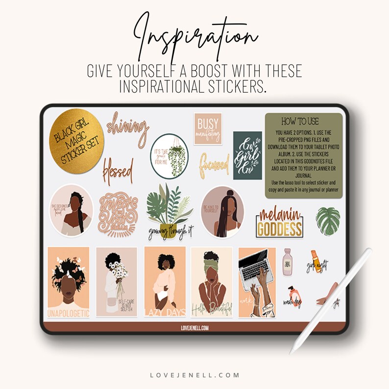 May include: A digital planner screen displaying a set of 12 digital stickers featuring illustrations of Black women with inspirational quotes. The stickers are in a variety of colors, including pink, brown, green, and black. The text on the stickers includes phrases like "shining", "blessed", "growing through it", "melanin goddess", "unapologetic", "lazy days", and "hell beautiful".
