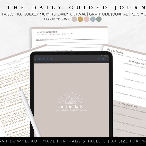 Guided Digital Journal | GoodNotes Journal | Daily Prompts | Gratitude  | Monthly Reflection |ipad Journal | 5 minute | A4 printable journal