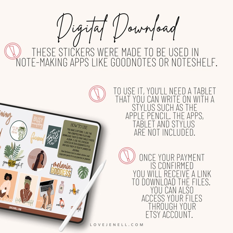 May include: Digital stickers for note-taking apps like Goodnotes and Noteshelf. The stickers feature a variety of designs, including a woman with a crown, a woman with a laptop, and a woman with a plant. The text "melanin goddess" is also included. The stickers are designed to be used with a stylus on a tablet.