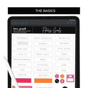 Puede incluir: Una p&aacute;gina de planificador digital con el t&iacute;tulo "The Basics" y "Fitness Goals" con una cuadr&iacute;cula de botones para diferentes actividades de fitness, que incluyen "Treadmill", "Goal Reached", "Weigh-In", "Strength Training", "Cardio", "Trainer", "Rest Day", "Zumba", "Spin Class", "I Did It!", "Don't Quit", "Yoga", "Measurements", "Arms", "Cheat Day", "Glutes", "Elliptical", "Gym", "Abs", "Meal Prep", "Run", "Fasting", "Leg Day".