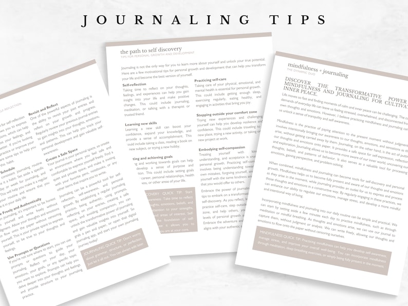 Pu&ograve; includere: Due pagine di suggerimenti per la scrittura di un diario con il testo "Journaling Tips" in cima alla pagina. La pagina sinistra ha il titolo "The Path to Self Discovery" e la pagina destra ha il titolo "Mindfulness + Journaling". Entrambe le pagine contengono testo sulla scrittura di un diario e la consapevolezza.