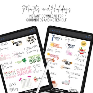 Daily Digital Planner Stickers Months and Holidays~ Pre-Cropped Goodnotes and PNG Digital Planner Stickers -  48 Stickers Monthly Layout