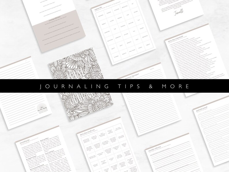 Pu&ograve; includere: Un kit di diario stampabile con suggerimenti e spunti per l'introspezione e la gratitudine. Il kit include pagine per il diario quotidiano, elenchi di gratitudine e altro ancora. Le pagine sono decorate con un design floreale in bianco e nero.