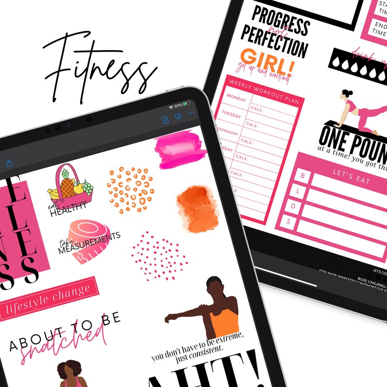 Puede incluir: Dos tabletas digitales con gr&aacute;ficos y texto sobre el tema del fitness. La primera tableta muestra un fondo de acuarela rosa y naranja con una variedad de pegatinas, que incluyen una pi&ntilde;a, una cesta de fruta y las palabras "comer sano" y "tomar medidas". La segunda tableta muestra un planificador de entrenamiento rosa y negro con el texto "Progreso hacia la perfecci&oacute;n Chica!" y "Plan de entrenamiento semanal".