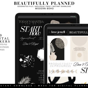 Könnte beinhalten: Ein Set digitaler Planer-Sticker im modernen Boho-Stil. Die Sticker zeigen Schwarz-Weiß-Illustrationen mit goldenen Akzenten. Der Text auf den Stickern lautet "Start Now", "Don't Forget", "Productivity in Progress" und "Top Three Priorities".