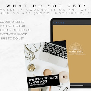Pu&ograve; includere: Un planner digitale per Goodnotes, Xodo, Noteshelf e altre app di pianificazione. Il planner include un file Goodnotes, un file PDF e un ebook per ogni colore. Include anche un elenco di cose da fare gratuito. Il planner &egrave; mostrato su un tablet con uno sfondo giallo e il testo "on the daily" in bianco.