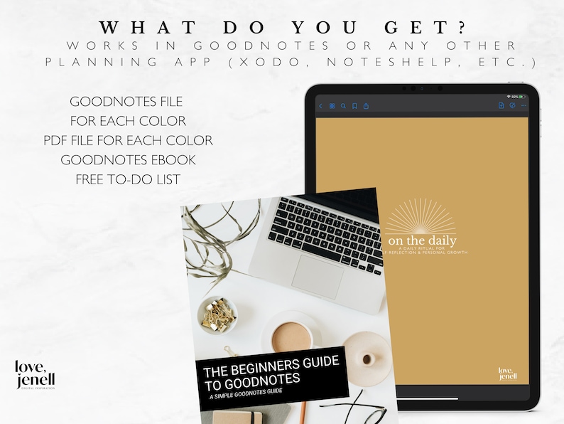 Pu&ograve; includere: Un planner digitale per Goodnotes, Xodo, Noteshelf e altre app di pianificazione. Il planner include un file Goodnotes, un file PDF e un ebook per ogni colore. Include anche un elenco di cose da fare gratuito. Il planner &egrave; mostrato su un tablet con uno sfondo giallo e il testo "on the daily" in bianco.
