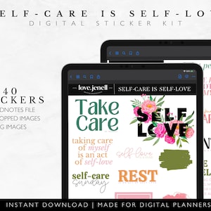 Self Love Digital Planner Stickers-Valentine&#39;s Day Digital Stickers~ Pre-Cropped Goodnotes and PNG Digital Planner Stickers-Motivational