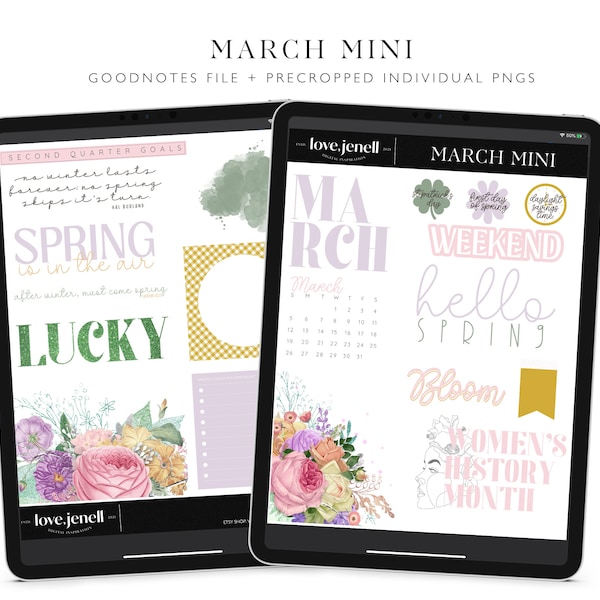 Spring and March Digital Planner Stickers | Noteshelf & GoodNotes Stickers| Precropped | Floral Holiday Digital Stickers