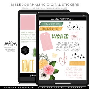 May include: A set of 40 digital stickers for Bible journaling. The stickers feature floral designs, Bible verses, and inspirational quotes. The stickers are designed for use in digital planners and are pre-cropped for easy use.