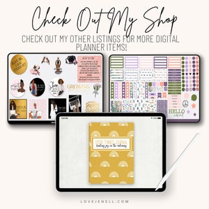 May include: A digital planner sticker set with a variety of designs, including a black girl magic sticker set, a journal cover with the text "Good Things Journal finding joy in the ordinary", and a sticker sheet with a variety of colorful designs. The stickers are perfect for adding a personal touch to your planner.