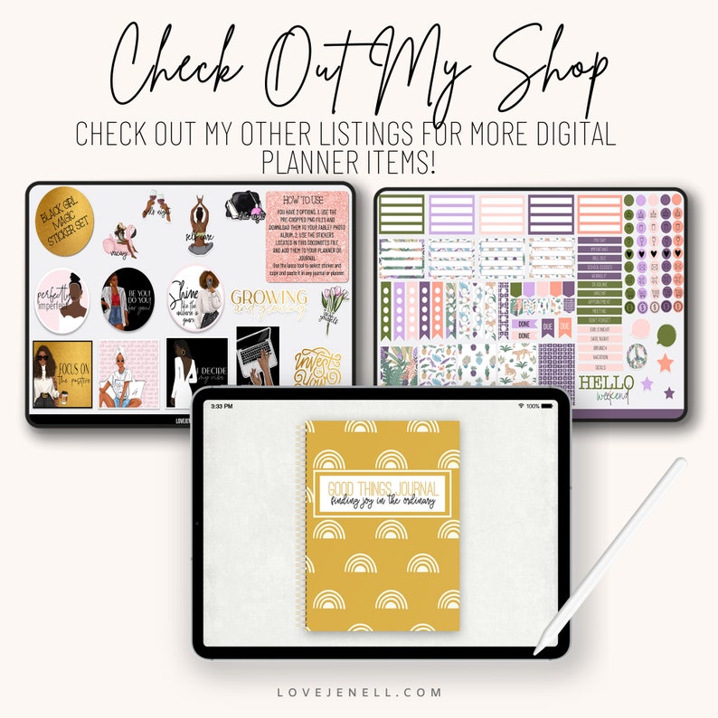 May include: A digital planner sticker set with a variety of designs, including a black girl magic sticker set, a journal cover with the text "Good Things Journal finding joy in the ordinary", and a sticker sheet with a variety of colorful designs. The stickers are perfect for adding a personal touch to your planner.