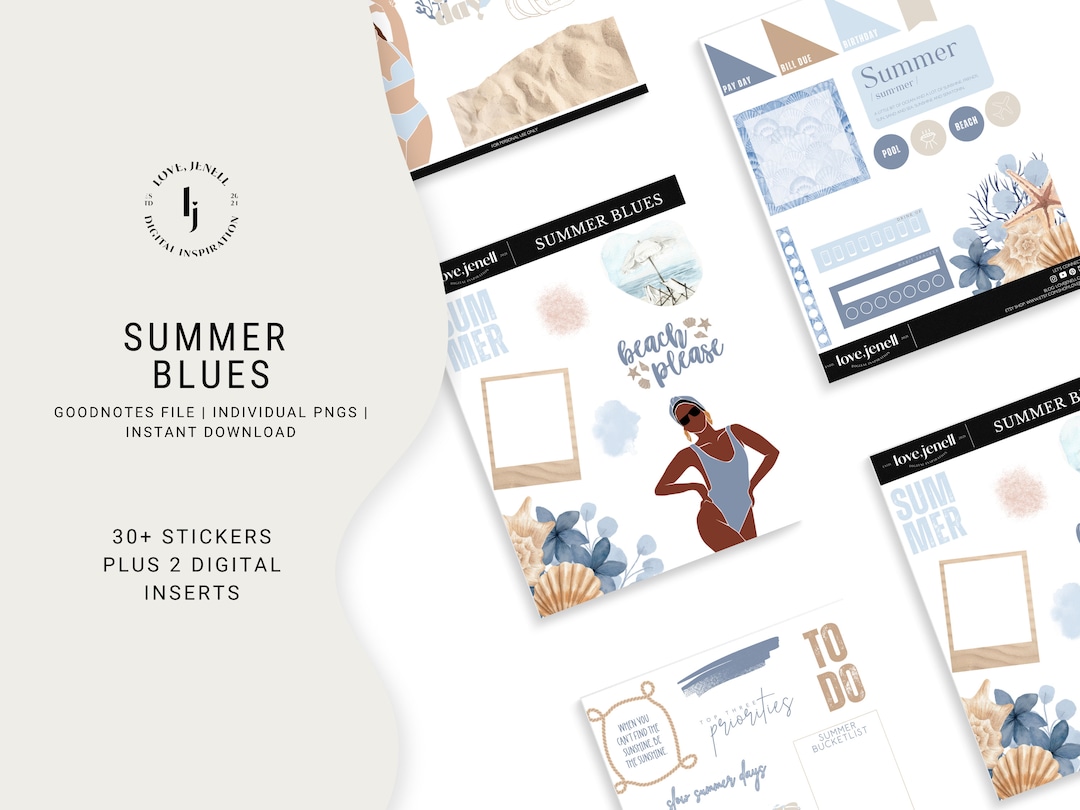 Summer Goodnotes Digital Planner Stickers Set | Aqua Blue | Pre-cropped ...