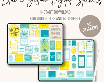 Digital Planner Stickers Motivational ~ Blue Yellow ~ Pre-Cropped Goodnotes and PNG Digital Planner Stickers - 55 Digital Planner Stickers