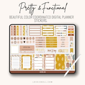 May include: A digital planner sticker set with a boho theme. The stickers feature a variety of shapes, patterns, and colors, including yellow, brown, and pink. The stickers are designed to be used in a digital planner to help organize and track tasks, appointments, and goals. The text "#GOALGETTER" is included in the sticker set.