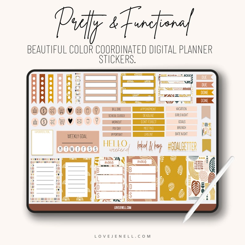 May include: A digital planner sticker set with a boho theme. The stickers feature a variety of shapes, patterns, and colors, including yellow, brown, and pink. The stickers are designed to be used in a digital planner to help organize and track tasks, appointments, and goals. The text "#GOALGETTER" is included in the sticker set.