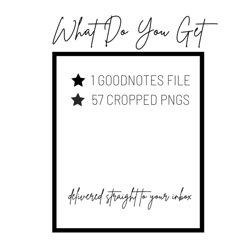 Puede incluir: Una imagen en blanco y negro con el texto "What Do You Get" en la parte superior. Una caja blanca con un borde negro contiene el texto "1 GOODNOTES FILE" y "57 CROPPED PNGS". El texto "delivered straight to your inbox" est&aacute; debajo de la caja.