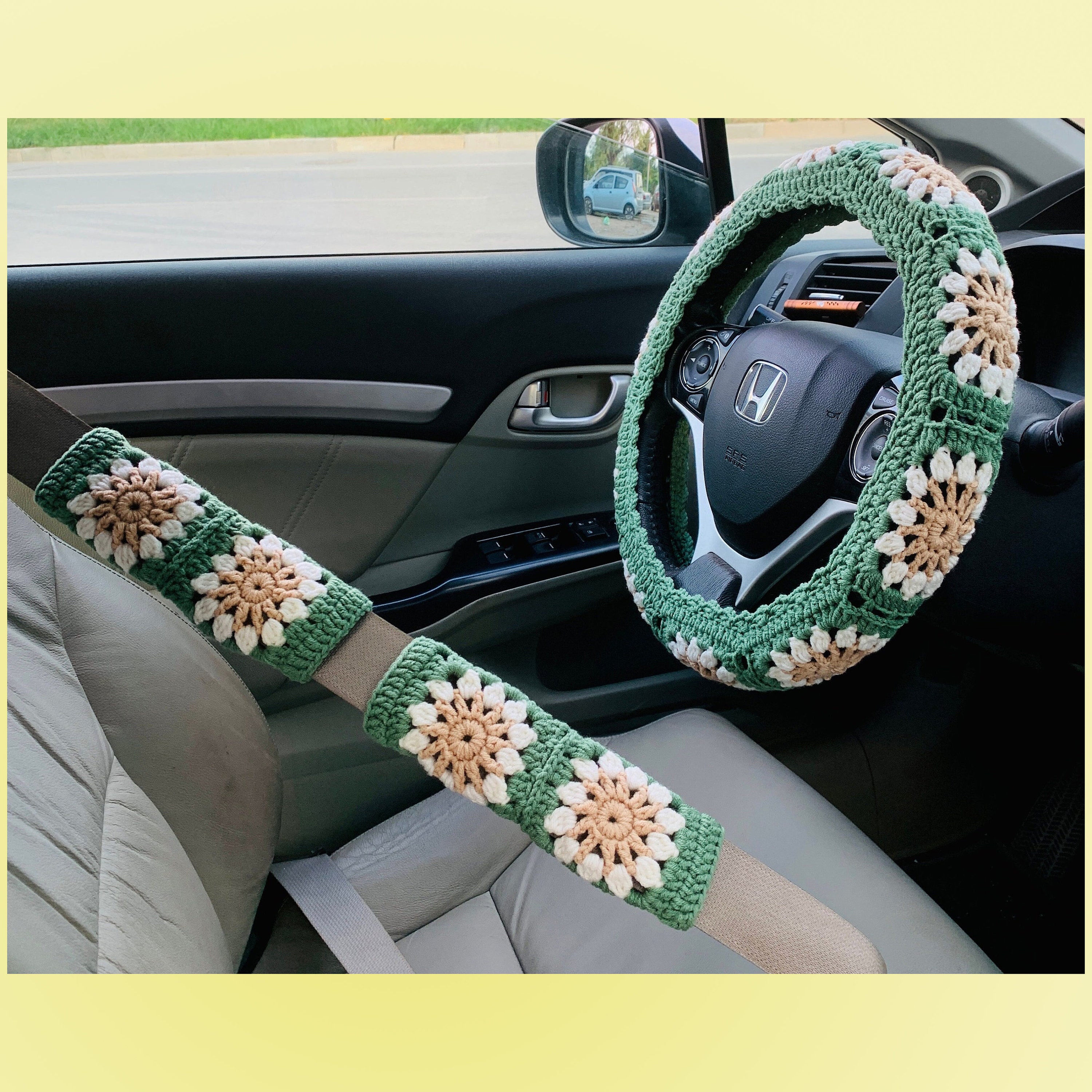 Sage Green Car Accessories, Full Set/rear/front/back/dog/car Seat/headrest  Band/seatbelt/steering Wheel Cover, Boho Celestial Moon Phases 