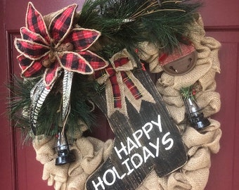 Burlap Happy Holidays Distressed Boot Wreath