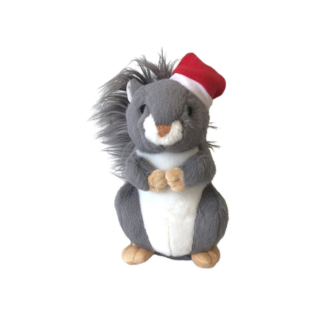 Midlee Christmas Squirrel Plush Furry Tail Large Dog Toy With Santa Hat