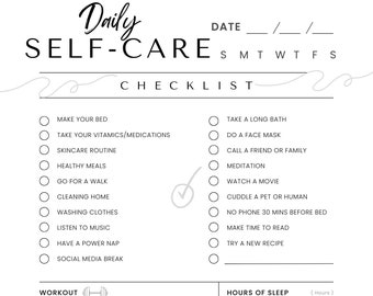Self-Care Daily Checklist, Instant Download Printable PDF Worksheet