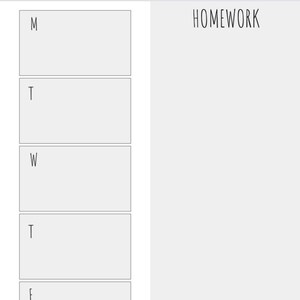 Op de afbeelding: Een zwart-witte planner met de dagen van de week gelabeld M, T, W, T, F. De rechterkant van de planner heeft het woord "HOMEWORK" in zwart geschreven. Een open boek staat onderaan de planner.