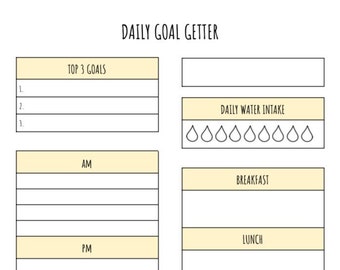 Daily Planning Productivity To Do List Tracker Day Goals Meals Workouts Water Intake, Instant Download Printable PDF Worksheet Light Yellow