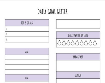 Daily Planning, Productivity To Do List Tracker, Day Goals, Meals, Workouts, Water Intake, Instant Download Printable PDF Worksheet Lavender