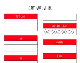 Daily Planning, Productivity, To Do List, Tracker, Day Goals, Meals, Workouts, Water Intake, Instant Download Printable PDF Worksheet RED