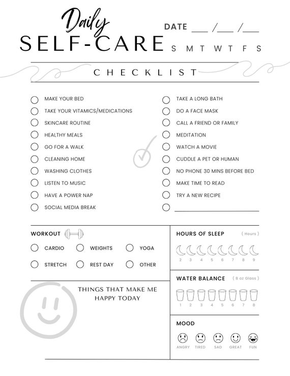 Self-care daily checklist, instant download printable pdf worksheet