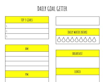 Daily Planning, Productivity, To Do List, Tracker, Day Goals, Meals, Workouts, Water Intake, Instant Download Printable PDF Worksheet Yellow