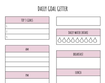 Daily Planning, Productivity, To Do List, Tracker, Day Goals, Meals, Workouts, Water Intake, Instant Download Printable PDF Worksheet Pink