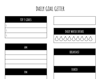 Daily Planning, Productivity, To Do List, Tracker, Day Goals, Meals, Workouts, Water Intake, Instant Download Printable PDF Worksheet Black