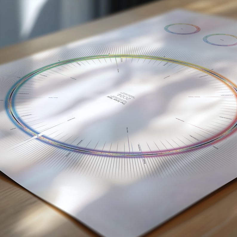 May include: A white circular poster with a colorful timeline of historical events. The poster is titled "The Solar Year 2021".