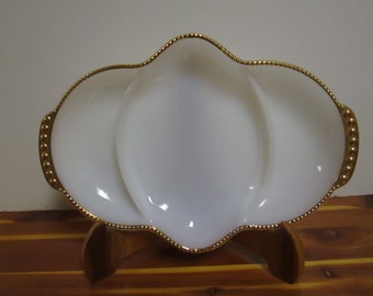 Vintage FIRE KING Relish Dish, milk glass platter, gold trim, oven Fire King Ware, Used