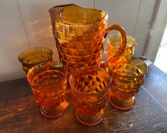 Vintage Amber Whitehall Colony Pitcher w/ 5 Goblets, Collectable Glass Stacked Cube Design