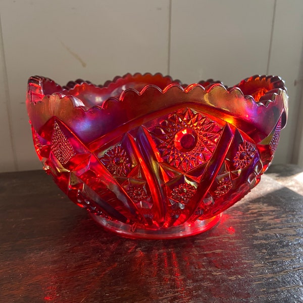 Vintage Indiana Glass Heirloom Sunset Ruby Red Iridescent Carnival Glass Bowl