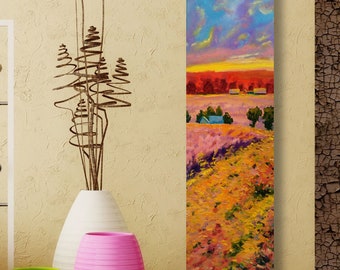 Oil Painting Original Art Landscape Painting Sunset Flower fields Tuscany Mediterranean Flowers Painting Wall Decor