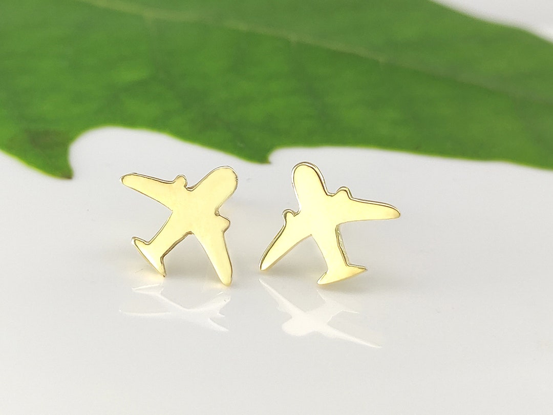 Gold Airplane Studs 14k Gold Earrings Plane Earring Pilots Etsy UK