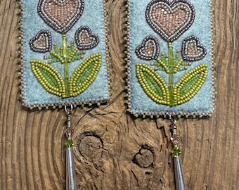 Hand Beaded Fringe Buckskin Heart Floral Earrings Beaded Flower Earrings Native Indigenous Made Powwow Earrings Powwow Regalia