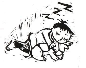 Sleepy Henry and Mutt - A5 Lino Print