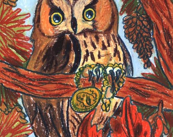 Búho otoñal - Dibujo original en formato A5