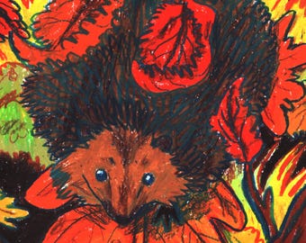 Erizo de otoño - Dibujo original en formato A5