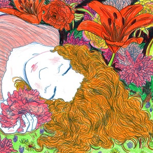 Asleep in Flowers - Original Drawing