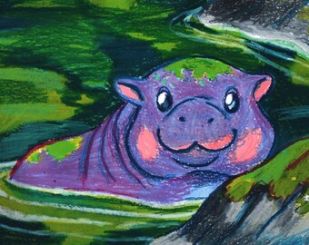 Hipopótamo feliz - Dibujo original en formato A5