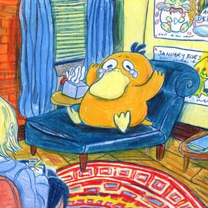 May include: A yellow duck-like cartoon character sits on a blue armchair with a box of tissues. The character is crying and has a sad expression. The character is in a room with a red brick wall, a blue curtain, and a yellow wall with a poster that says "January Blues".