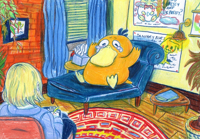 May include: A yellow duck-like cartoon character sits on a blue armchair with a box of tissues. The character is crying and has a sad expression. The character is in a room with a red brick wall, a blue curtain, and a yellow wall with a poster that says "January Blues".