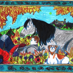 May include: A vibrant illustration shows a gray horse, a person, and a dog amidst flowers. The artwork has a medieval style, with a decorative border and a blue sky background. Red poppies and other flowers are in the foreground.