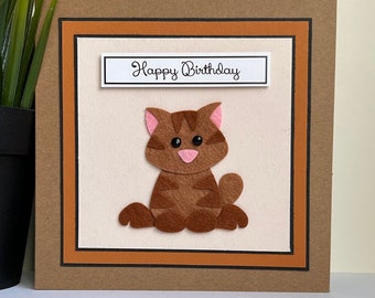 Cute Felt Cat Birthday Card, Handmade Greeting Card